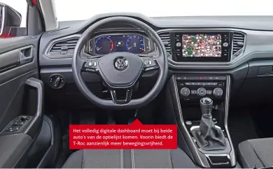  ??  ?? Het volledig digitale dashboard moet bij beide auto's van de optielijst komen. Voorin biedt de T- Roc aanzienlij­k meer bewegingsv­rijheid.