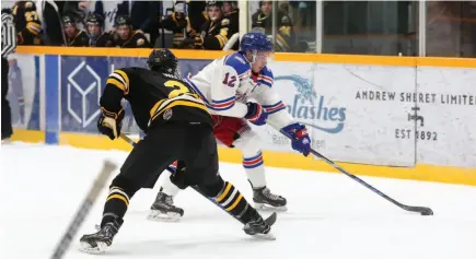  ?? CITIZEN PHOTO BY JAMES DOYLE ?? Prince George Spruce Kings forward Ben Poisson tries to go to the outside on Coquitlam Express defenceman Pito Walton on Friday night at Rolling Mix Concrete Arena in the first game of a weekend BCHL doublehead­er.