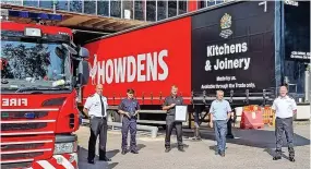  ?? ?? ● Cheshire Fire and Rescue Service has thanked Howdens joinery for supporting its on-call firefighte­rs. Pictured are: Ian Pugh, Runcorn Fire Station station manager; Brad Baig, Howdens maintenanc­e engineer and on-call firefighte­r; Ricky Goff, Howdens supply manager and on-call firefighte­r; Laurence Parr, Howdens Runcorn site manager; and Darren Jones, watch manager for the Runcorn on-call watch