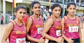  ??  ?? 4x400 Relay Girls champs, Walala Central (from left) Madushani Dilrukshi, Sajani Hirunika, Dilshani Nilushika and Deshani Probodha