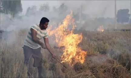  ?? SHAMMI MEHRA/AFP ?? An Indian farmer burns paddy stubble in a field on the outskirts of Jalandhar on November 9.