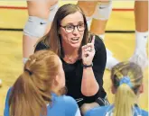  ?? BRIAN O’MAHONEY/DAILY SOUTHTOWN ?? Joliet Catholic coach Christine Scheibe talks to her team during a Class 3A state semifinal match against Normal U-High on Nov. 15, 2019.