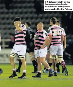  ??  ?? > A Saturday night on the Toon was no fun for the Cardiff Blues as they were whitewashe­d by the Falcons