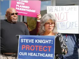  ?? Nikolas Samuels/The
Signal ?? Registered nurse Cis Herskovitz delivers a speech regarding healthcare during a rally held outside of Congressma­n Steve Knight’s Santa Clarita office on Carl Boyer Drive on Wednesday.