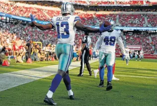  ?? Tony Avelar / Associated Press ?? Cowboys rookie wide receiver Michael Gallup (13) celebrates after scoring a touchdown against the 49ers Thursday. Gallup also threw a pancake block that impressed receivers coach Sanjal Lal.