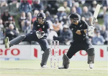  ??  ?? 0 New Zealand centurion Ross Taylor cuts the ball away for a boundary during the win over England.