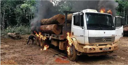  ?? Fabiano Maisonnave - 13.dez.2016/Folhapress ?? Caminhões carregados de tora que foram apreendido­s e destruídos em terra indígena em operação de grupo do Ibama