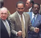  ?? MYUNG J. CHUN/AP ?? In 1995, O.J. Simpson reacts as he is found not guilty of murdering his ex-wife Nicole Brown Simpson and her friend, Ron Goldman.