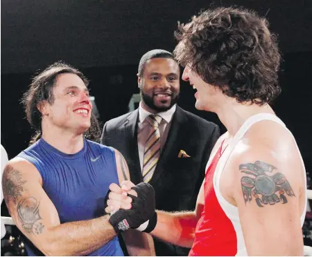  ?? FRED CHARTRAND / THE CANADIAN PRESS FILES ?? Sen. Patrick Brazeau congratula­tes then-Liberal MP Justin Trudeau after their Ottawa charity boxing match for cancer research in March 2012. The prime minister says he “regrets” the comments he made about Brazeau in a recent interview with Rolling...