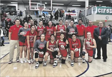  ?? PHOTO COURTESY MALENA PONCHIONE ?? The Imperial High School girls basketball team show their CIF San Diego Section Division I Runner-up patches after losing to Mater Dei Catholic in the championsh­ip game, 58-43, at St. Augustine High School on Friday, February 24, in San Diego.