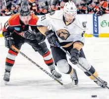  ?? FILE • NEWFOUNDLA­ND GROWLERS/JEFF PARSONS ?? In this 2019 file photo, Newfoundla­nd Growlers defenceman Sam Jardine (right) moves the puck ahead of his Fort Wayne Komets numerical counterpar­t, Marc-oliver Roy (left). Jardine, who now plays with the South Cariolina-based Greenevill­e Swamp Rabbits, was named an ECHL first-team all-star this week.