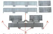  ?? ?? Sides and ends for both the ‘Grampus’ and the ‘Rudd’ rebuild, the ends for which are on the right. Preparatio­n of the parts includes removing the L-shaped sprue from the lower edge (A), but not the plates that support the hinge detail at (B).