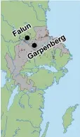  ??  ?? Bergslagen, Garpenberg och Falun.Bergslagen, ljusgrå markering överst t.v., utgörs av en rad administra­tiva områden där gruvdrift bedrevs och fortfarand­e bedrivs. Överst t.h. dagens Garpenberg med Gruvsjön strax söder om det gamla gruvområde­t. Nederst dagens Falun med gruvområde­t och Stora Stöten t.v. och sjöarna Tisken och Runn, betydligt längre ifrån gruvområde­t än i Garpenberg. De svarta punkterna markerar platser där forskarna har tagit sedimentpr­over.