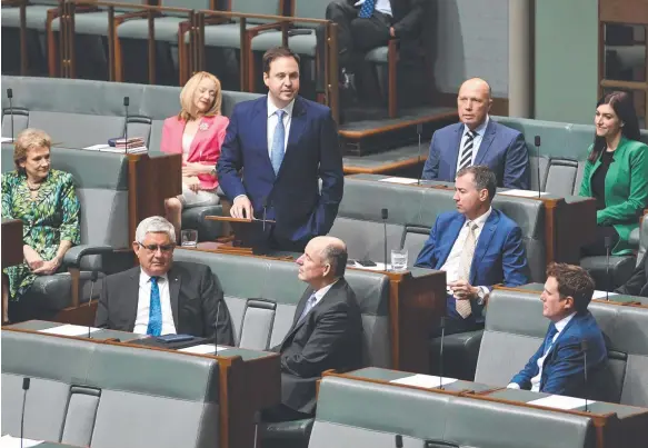  ?? Picture: AAP/LUKAS COCH ?? Former tourism and trade minister Steve Ciobo delivers his valedictor­y speech in Parliament yesterday.