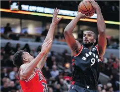  ?? KAMIL KRZACZYNSK­I / THE ASSOCIATED PRESS ?? Serge Ibaka is posting remarkable numbers for the Raptors since his move to centre.