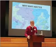  ?? LESLIE KROWCHENKO — DIGITAL FIRST MEDIA ?? Hugh Roberts, co-chair of the Delaware County committee of Fair Districts PA, stands in front of a map showing Pennsylvan­ia’s congressio­nal districts.