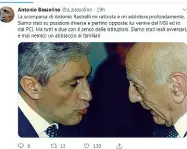  ??  ?? Il tweet
Ecco come l’ex «nemico» e governator­e della Campania, Antonio Bassolino, lo ha ricordato