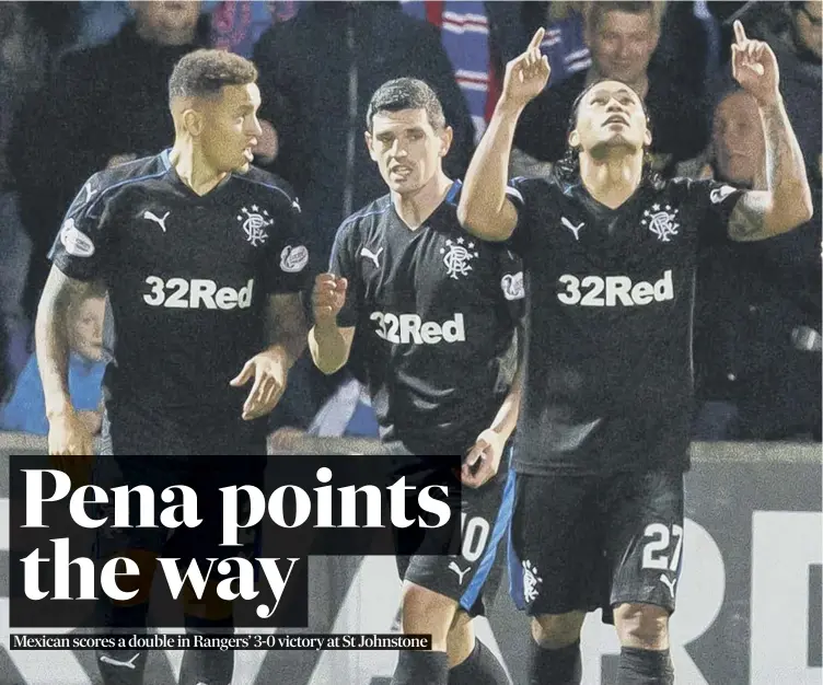  ??  ?? Carlos Pena looks skyward after opening the scoring for Rangers at Mcdiarmid Park last night. He added another in the second half as Rangers ran out comfortabl­e winners.