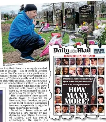  ?? Picture: JENNY GOODALL ?? Mourning: Samer Sidhom lays flowers at his son’s grave. Inset, the Mail’s front page last month