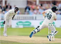  ??  ?? Unsporting: Steve Smith falls after being struck by a delivery at Lord’s from Jofra Archer
