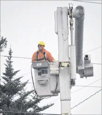  ?? KatHy JoHnson ?? A Nova Scotia Power linesman repairs a line in Centervill­e, Cape Sable Island, following the Jan. 4 winter storm that knocked out power to many Shelburne County residents.