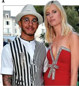  ??  ?? WARNING:
Hamilton racing for Mercedes, left, and, right, with supermodel Karolina Kurkova