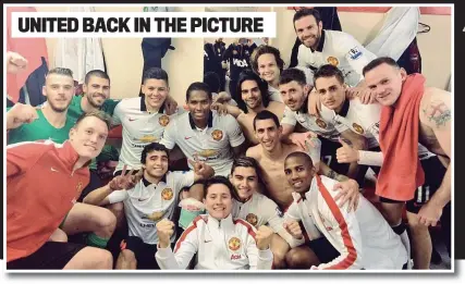  ??  ?? UNITED BACK IN THE PICTURE
Revellers: this scene in the dressing room at Anfield was tweeted by David de Gea