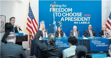  ?? ?? PULLING OUT OF RACE: Leaders of No Labels at a news conference in Washington on Jan 18.