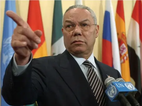  ?? AP FILE PHOTOS ?? HE ‘WAS A GENTLEMAN’: Secretary of State Colin Powell takes a question during a March 2003 news conference at the United Nations. Above opposite, Powell — then the chairman of the Joint Chiefs of Staff — speaks at the 1991 Veterans of Foreign Wars convention in Washington.