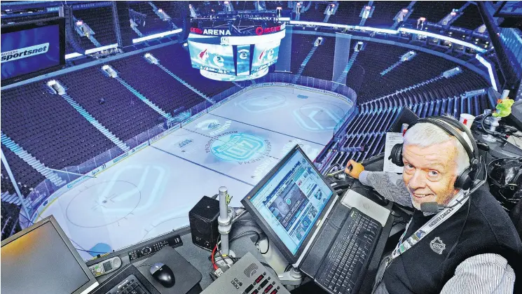  ?? LES BAZSO/POSTMEDIA NEWS FILES ?? Vancouver Canucks announcer John Ashbridge looks down onto the ice from his 5th floor perch at Rogers Arena in Vancouver in 2011.