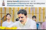  ?? The tweet on Toilet: Ek Prem Katha (above) and the signed poster of Rocky Handsome ??