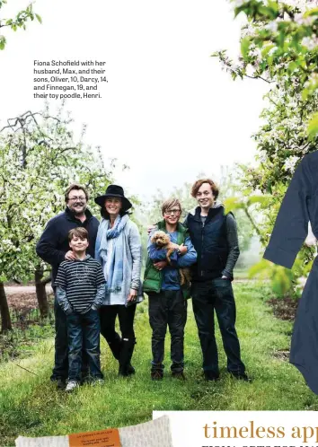  ??  ?? Fiona Schofield with her husband, Max, and their sons, Oliver, 10, Darcy, 14, and Finnegan, 19, and their toy poodle, Henri.