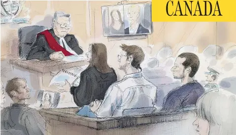  ?? ALEXANDRA NEWBOULD / THE CANADIAN PRESS ?? Linda Babcock, bottom right, sits behind defendants Dellen Millard and Mark Smich in this courtroom sketch from their sentencing hearing in Toronto on Monday. On the court screen are photos of the two victims, Linda’s daughter Laura Babcock, and Tim...