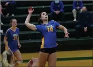  ?? PAUL DICICCO — FOR THE NEWS-HERALD ?? Caroline Jurevicius of NDCL goes up for a spike during the Lions’ win at Lake Catholic on Oct. 13.