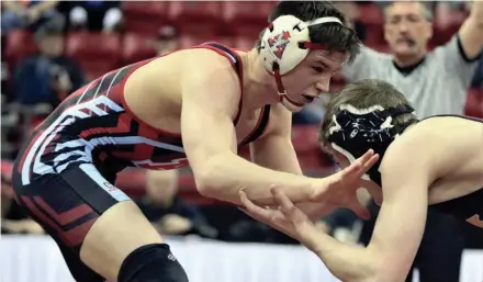  ?? CURT HOGG / NOW NEWS GROUP ?? Arrowhead three-time state champion Keegan O'Toole won his first two matches at the WIAA state individual wrestling tournament at the Kohl Center