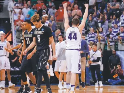  ??  ?? Gavin Skelly celebrates Thursday after helping Northweste­rn beat Vanderbilt in Salt Lake City.