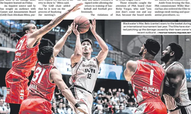  ?? —TRISTAN TAMAYO/INQUIRER.NET ?? Blackwater’s Mac Belo (center) soars to the basket during an internatio­nal tournament last year. The Elite have started patching up the damage caused by their team owner’s recent outburst.