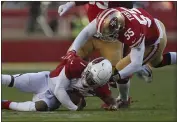  ?? NHAT V. MEYER — BAY AREA NEWS GROUP ?? San Francisco 49ers defensive end Dee Ford sacks Cardinals starting quarterbac­k Kyler Murray on Nov. 17.