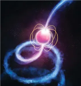  ?? ICRAR/CURTIN UNIVERSITY ?? This artist’s impression shows a pulsar — a dense and rapidly spinning neutron star — sending radio waves into the cosmos.