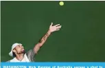  ?? —AFP ?? WASHINGTON: Nick Kyrgios of Australia serves a shot to Yoshihito Nishioka of Japan in their Men’s Singles Final match during Day 9 of the Citi Open at Rock Creek Tennis Center on August 7, 2022.