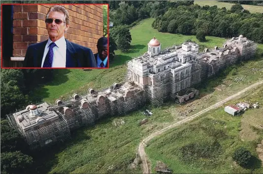  ??  ?? Nicholas Van Hoogstrate­n (inset)’s £40 million mansion in East Sussex which is lying empty and unfinished 35 years after work began