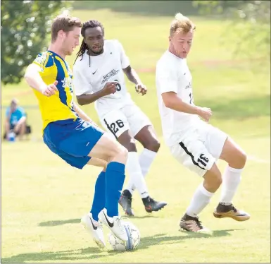  ?? Photo courtesy of JBU Sports Informatio­n ?? John Brown University sophomore Conner Haney, left, scored two goals in the Golden Eagles’ 4-0 win over Bethel (Tenn.) on Saturday at Alumni Field. The game was originally supposed to be played Friday, but an electrical malfunctio­n with the field...