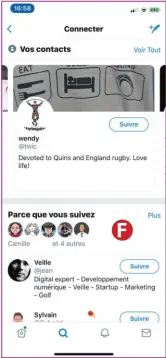  ??  ?? Twitter vous aide à trouver des personnes à suivre en affichant la liste de vos amis déjà présents sur Twitter et en vous suggérant des contacts susceptibl­es de vous intéresser.