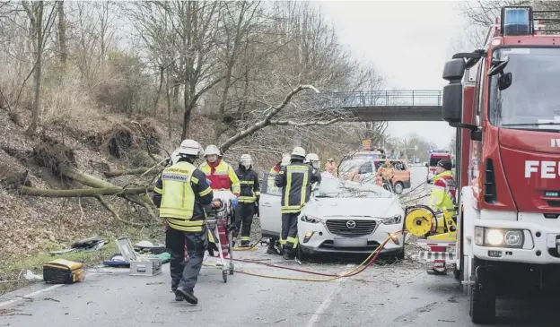  ?? PICTURE: CHRISTOPH REICHWEIN/AFP/GETTY IMAGES ?? 0 The driver was badly injured and had to be rescued by firefighte­rs after a tree fell on it on a road near Moers in western Germany