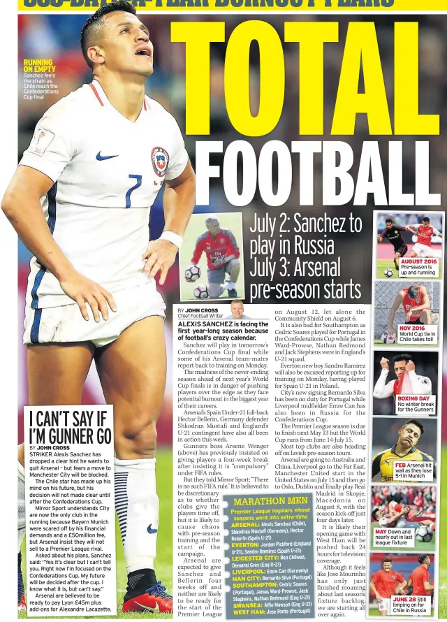  ??  ?? Sanchez feels the strain as Chile reach the Confederat­ions Cup final AUGUST 2016 Pre-season is up and running NOV 2016 World Cup tie in Chile takes toll BOXING DAY No winter break for the Gunners FEB Arsenal hit wall as they lose 5-1 in Munich MAY Down...