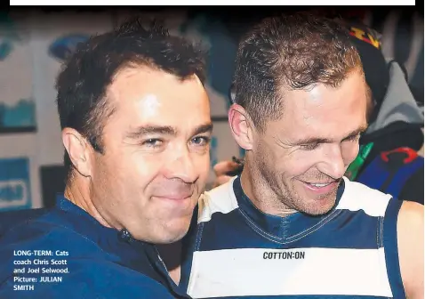  ??  ?? LONG-TERM: Cats coach Chris Scott and Joel Selwood. Picture: JULIAN SMITH