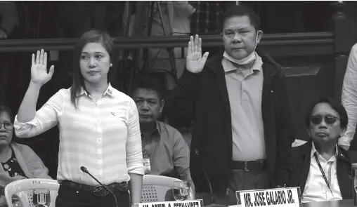  ??  ?? THE SENATE committee on justice and human rights presents two new witnesses -- former Bukidnon mayor and police Sr. Supt. Jose Galario Jr., and his daughter Greizl G. Fernandez during the resumption of the Senate inquiry into the controvers­ial Good Conduct Time Allowance (GCTA) law). Galario, former inmate of New Bilibid Prison, testified that Dr. Ursicio Cenas allegedly received bribe money from him on the anomalous “hospital pass for sale” at the NBP. PNA photo