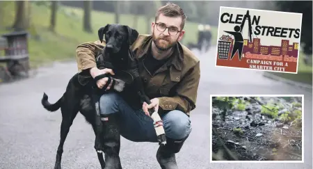  ??  ?? Dog owner Ben Favaro, with injured pet Juno, is angry over smashed glass in Barnes Park, inset.