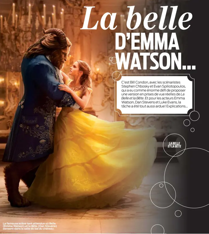  ??  ?? La fameuse scène tant attendue où Belle (Emma Watson) et la Bête (Dan Stevens) dansent dans la salle de bal du château.