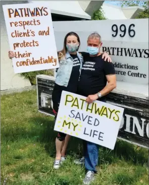  ?? Penticton Herald ?? Protesters rallied outside Pathways Addictions Resource Centre in Penticton this past spring to fight back against Interior Health’s decision to strip the agency’s funding.
